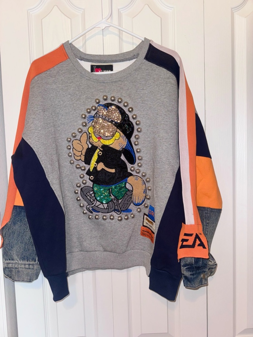 Vintage Garfield Gray Crewneck Sweater with Orange, Navy & Pink Panels